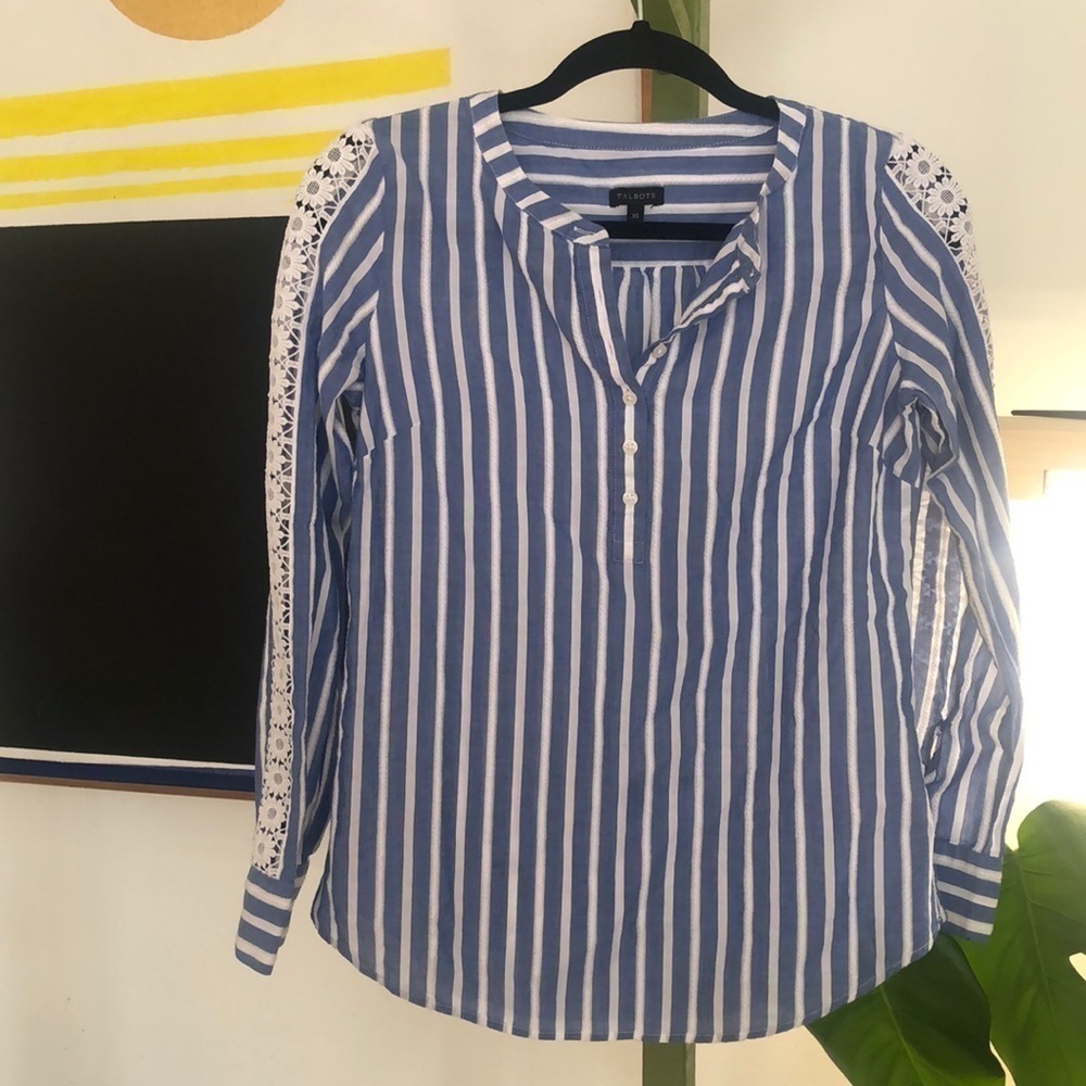 Talbots striped popover top with lace size…